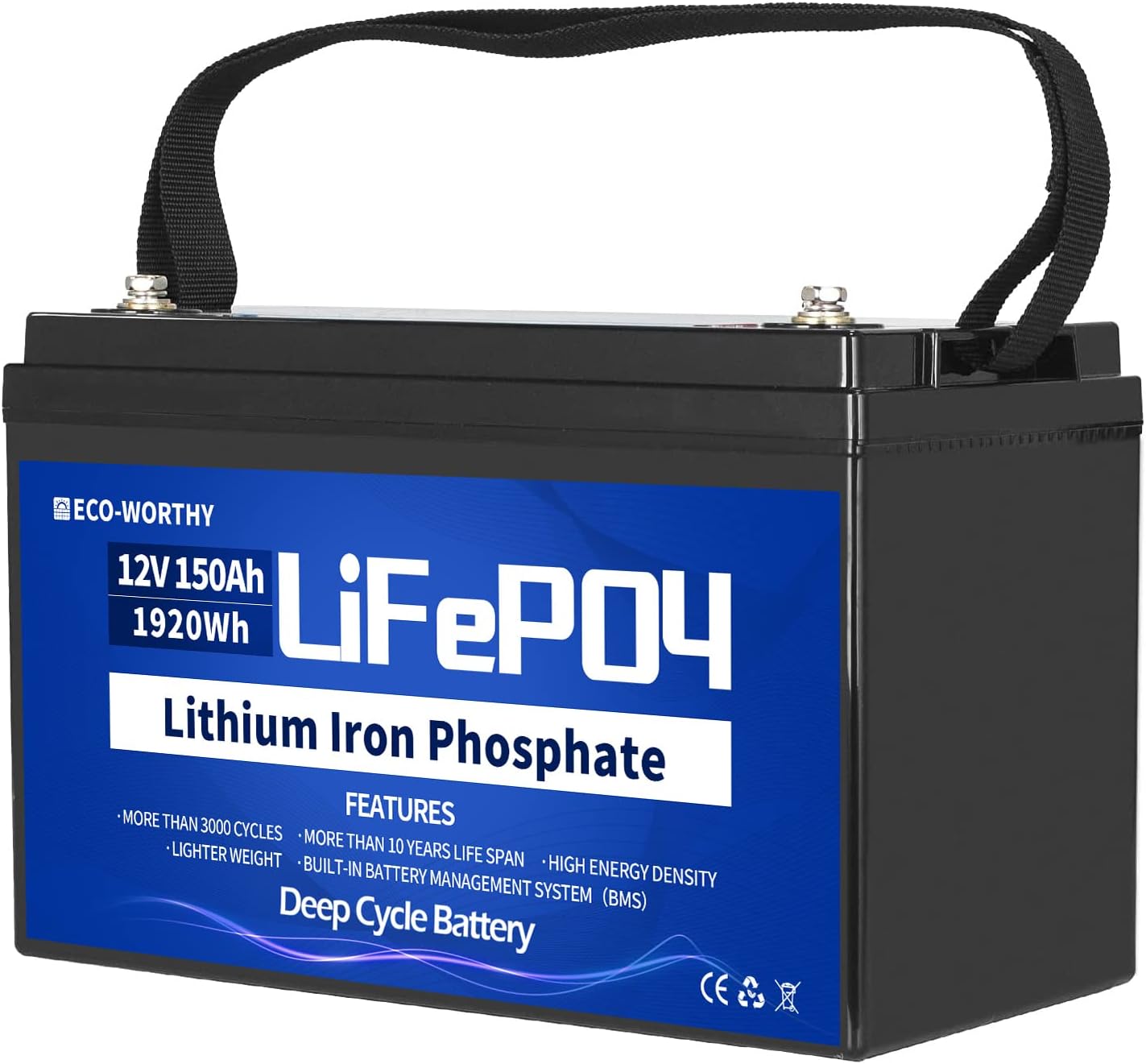 ECO-WORTHY 12V Lithium Battery, 150Ah Rechargeable LiFePO4 Lithium Ion Phosphate Deep Cycle Battery with BMS Protection, Perfect for RV, Marine