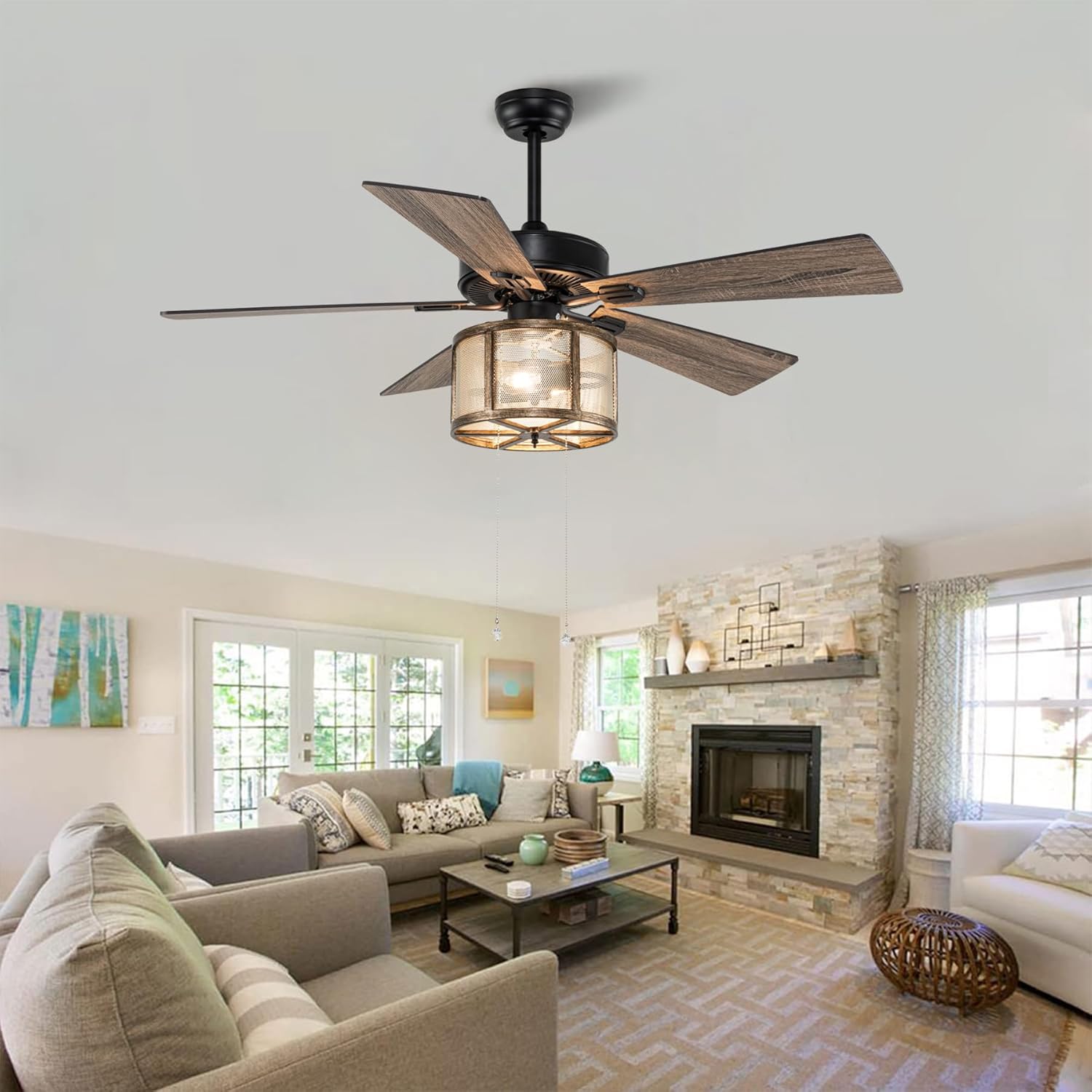 52”Farmhouse Ceiling Fan with Lights Remote Control, Caged Ceiling Fan with 5 Reverse Blades, Quiet Motor