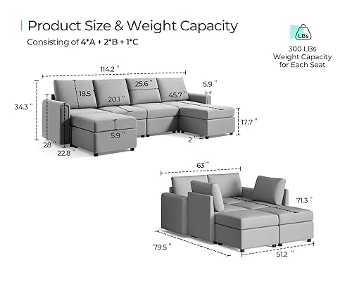 LINSY HOME Modular Sectional Sofa, Convertible U Shaped Sofa Couch with Storage, Memory Foam, Modular Sectionals with Ottomans