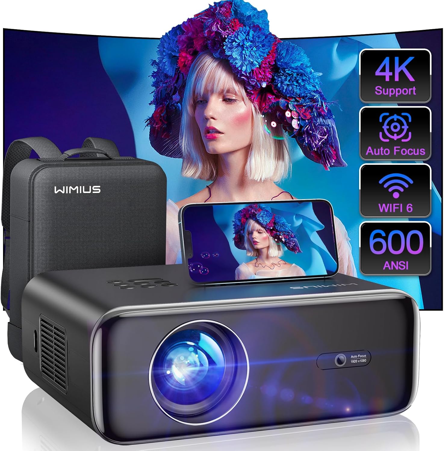 [Auto Focus/4K Support] Projector with WiFi 6 and Bluetooth 5.2, 600ANSI Native 1080P Outdoor Movie Projector, WiMiUS P62 Auto 6D Keystone & 50% Zoom