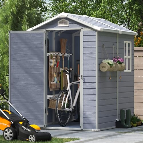 Aoxun Outdoor Storage Shed 5 x 3FT, Resin Shed with Floor and Lockable Door, Plastic Sheds for Garbage Can, Tool, Accessories, Lawn, Garden - Grey