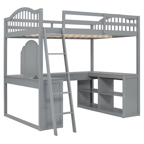 Harper & Bright Designs Full Size Loft Bed with Desk, Storage Shelves and Drawers, Solid Wood Loft Bed Frame with Built-in Wardrobe, Walnut