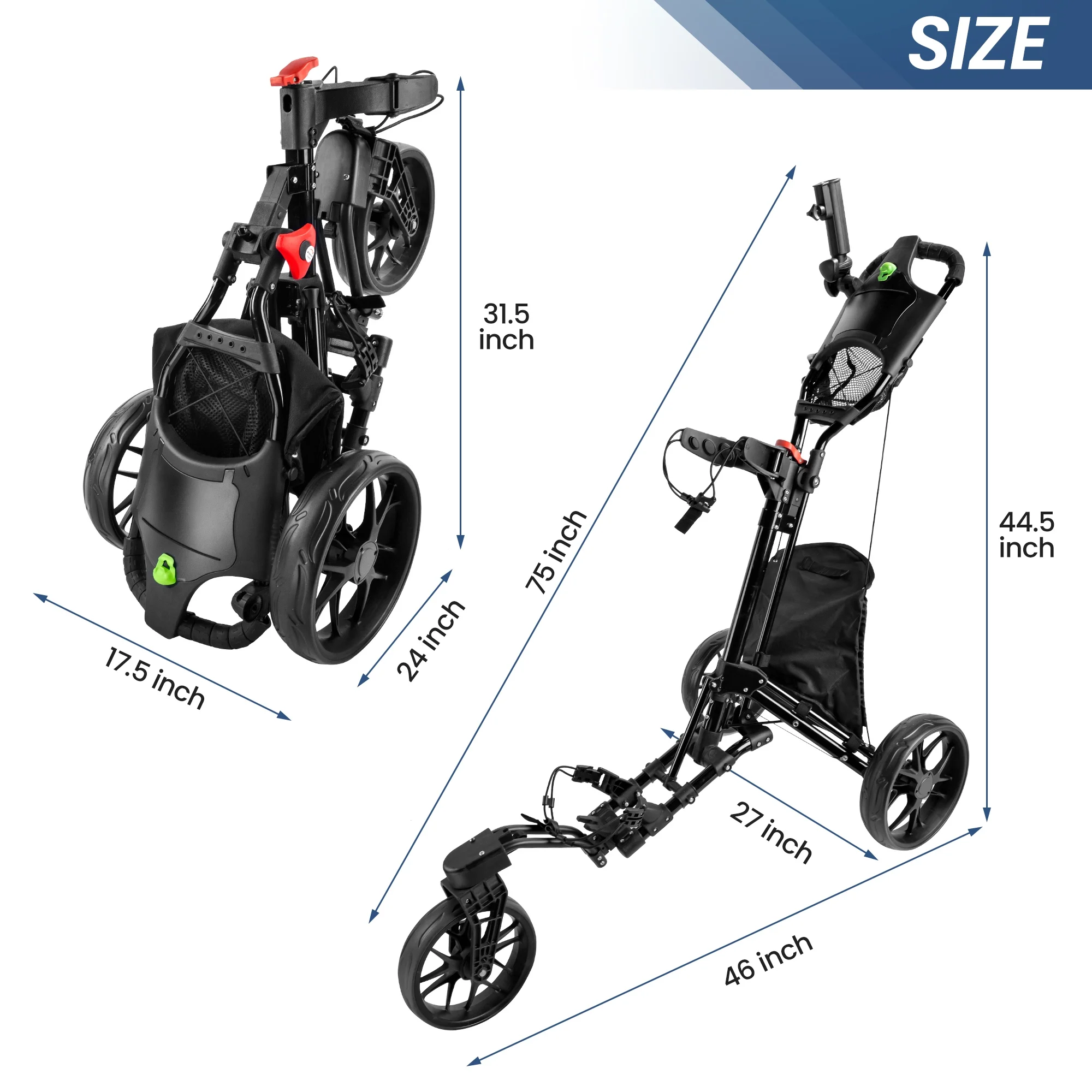 BOBOPRO Universal Wheel Golf Push Cart with Footbrake, Bottle Holder, Umbrella Stand, Cooler Bag,Balck - Curated Treasures Market
