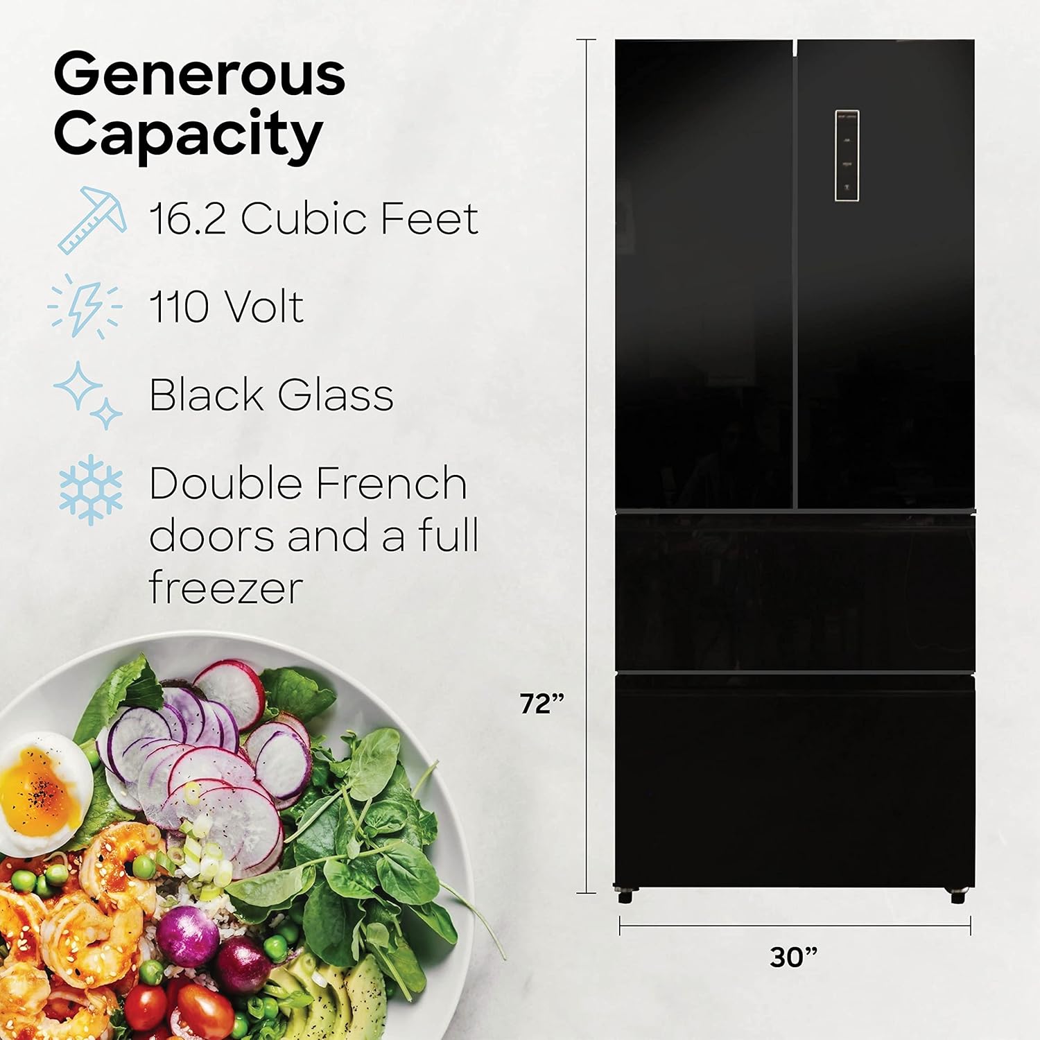 Everchill RV Refrigerator, 110V Fridge, 16.2 CU FT Capacity, 30 Inch Width, Frost Free, French Doors, Black with Glass Front