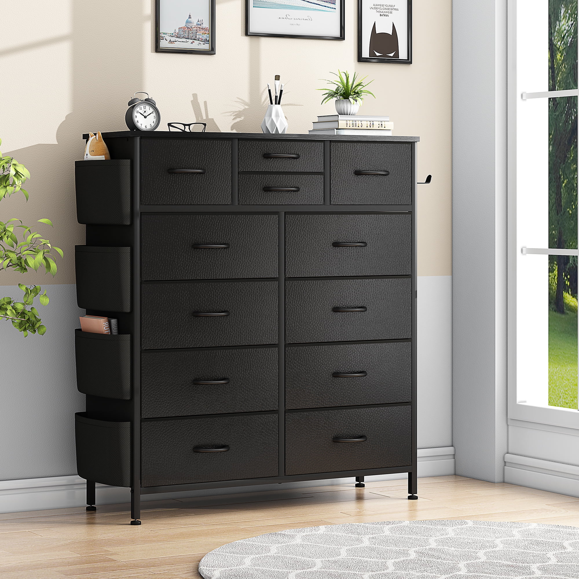 GIKPAL 10 Drawer Dresser, White Dresser Chest of Drawers Dressers for Bedroom Modern PU&Fabric Dresser Tall Dresser with Side Pockets and Hooks, White