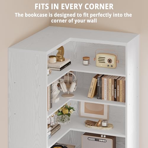 IRONCK 81" Corner Bookshelf with Door, 6 Tiers Lagre Bookshelves with Storage Rack, Tall Bookcase for Living Room Home Office, White
