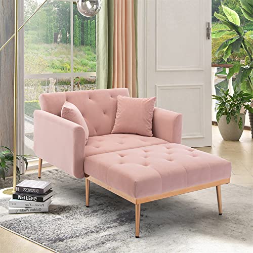 Velvet Chaise Lounge Indoor, 2-in 1 Lounge Chair with Adjustable Backrest, Modern Single Sofa Chair Bed with Solid Golden Metal Legs (Beige)