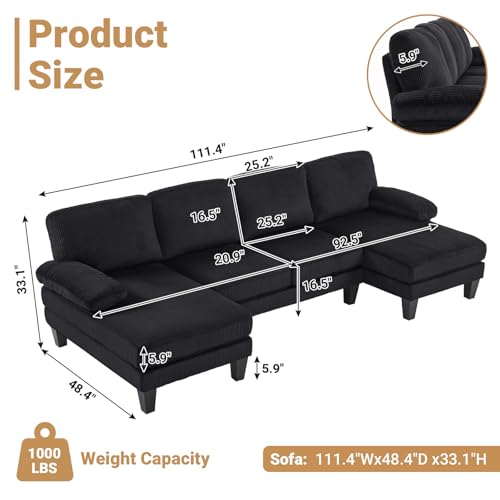 VINGLI 110" Sectional Couches for Living Room,U Shaped Couch with Double Chaise, 4-Seat Sofa Set with Chenille Fabric for Home Furniture,Forest Green