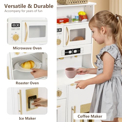 Kinder King Wooden Kids Play Kitchen, Toy Kitchen Playset for Toddler, Play Kitchen Set w/Real Sounds, Pretend Coffee Machine, Kitchen Hood, Sink