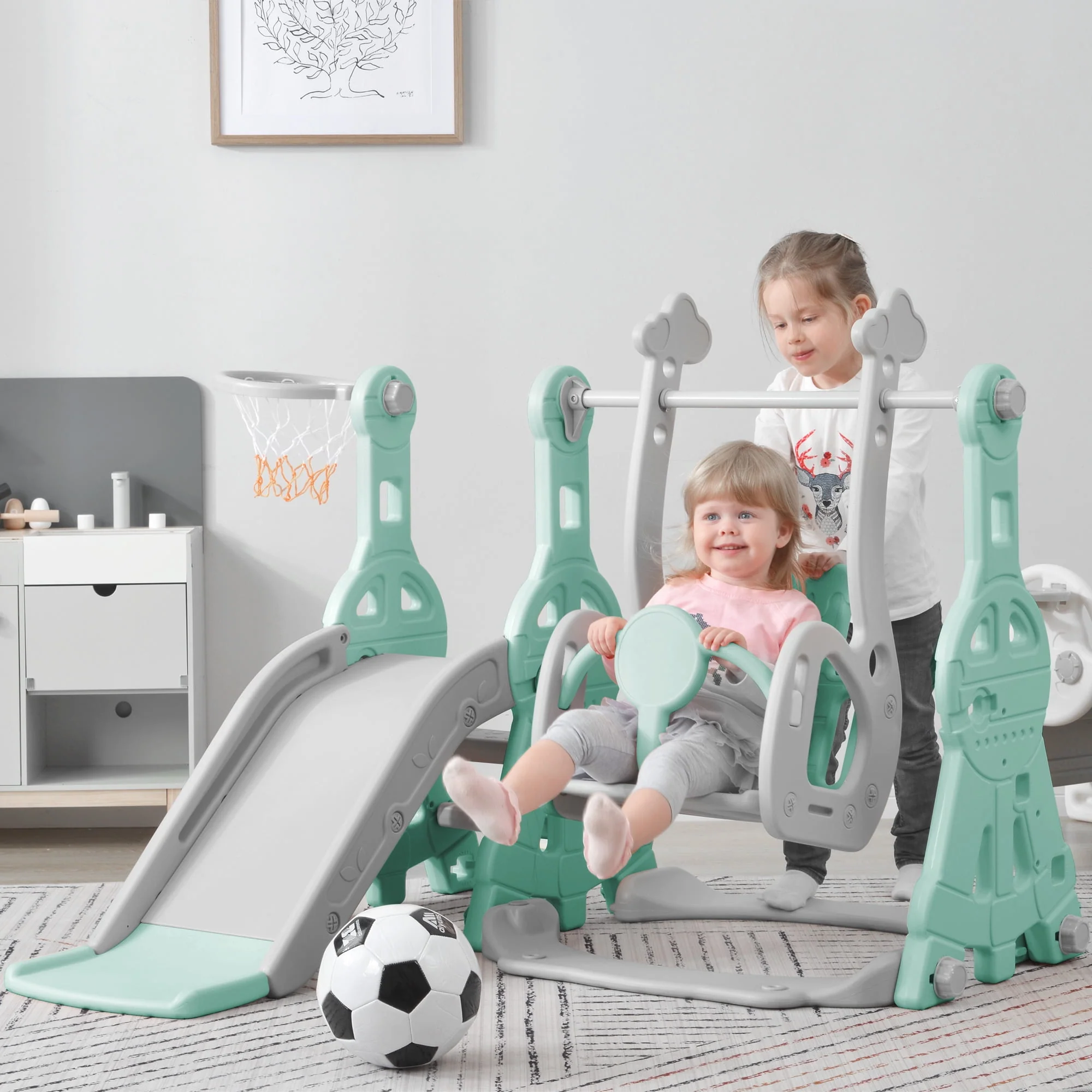 Toddler Slide and Swing Set 3 in 1, Kids Playground Climber Swing Playset with Basketball Hoops Freestanding Combination Indoor & Outdoor