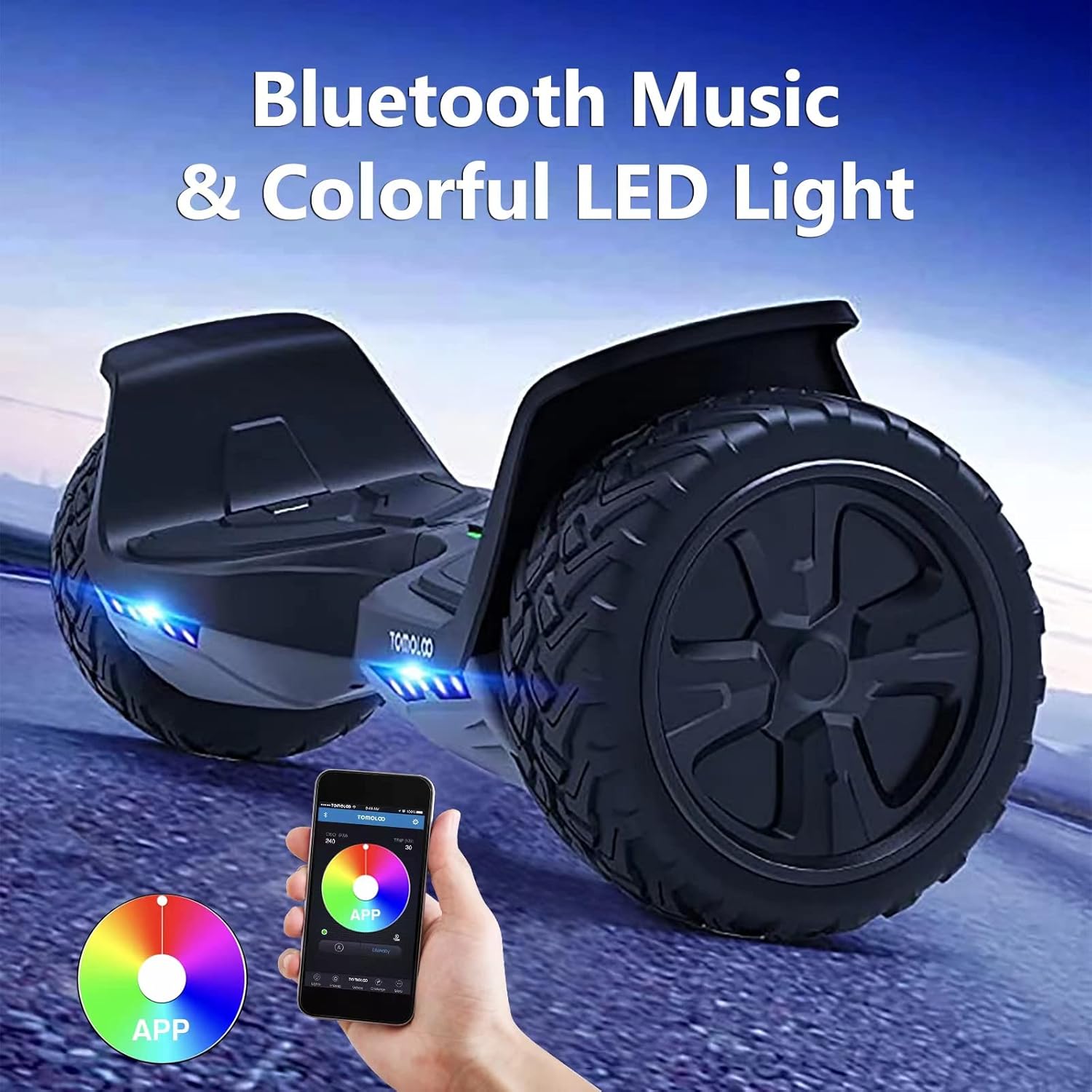Tomoloo Hoverboard Off Road with Bluetooth and LED Lights, 8.5'' All Terrain Hoverboards for Kids and Adults with APP Control