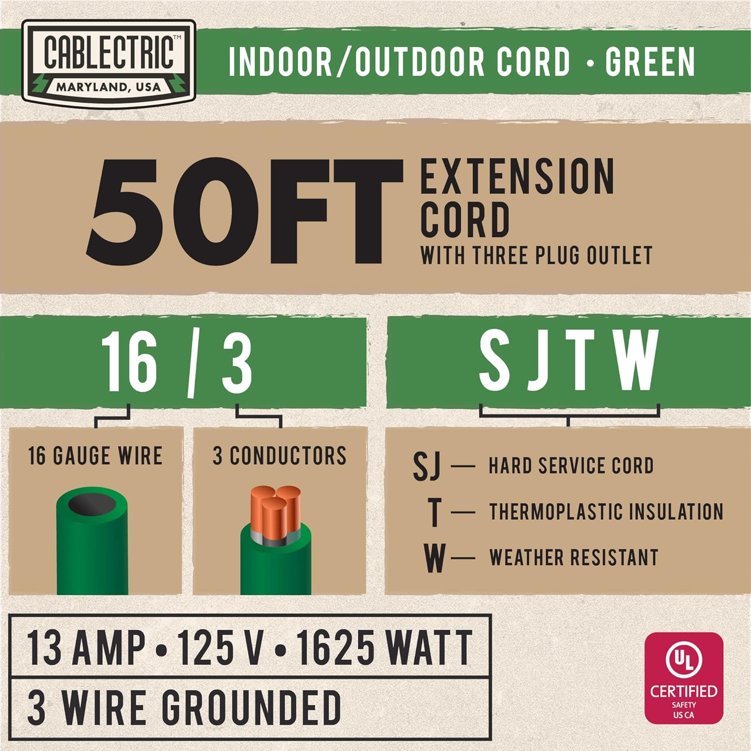 Cablectric 50 Ft Outdoor Extension Cord with 3 Power Outlets