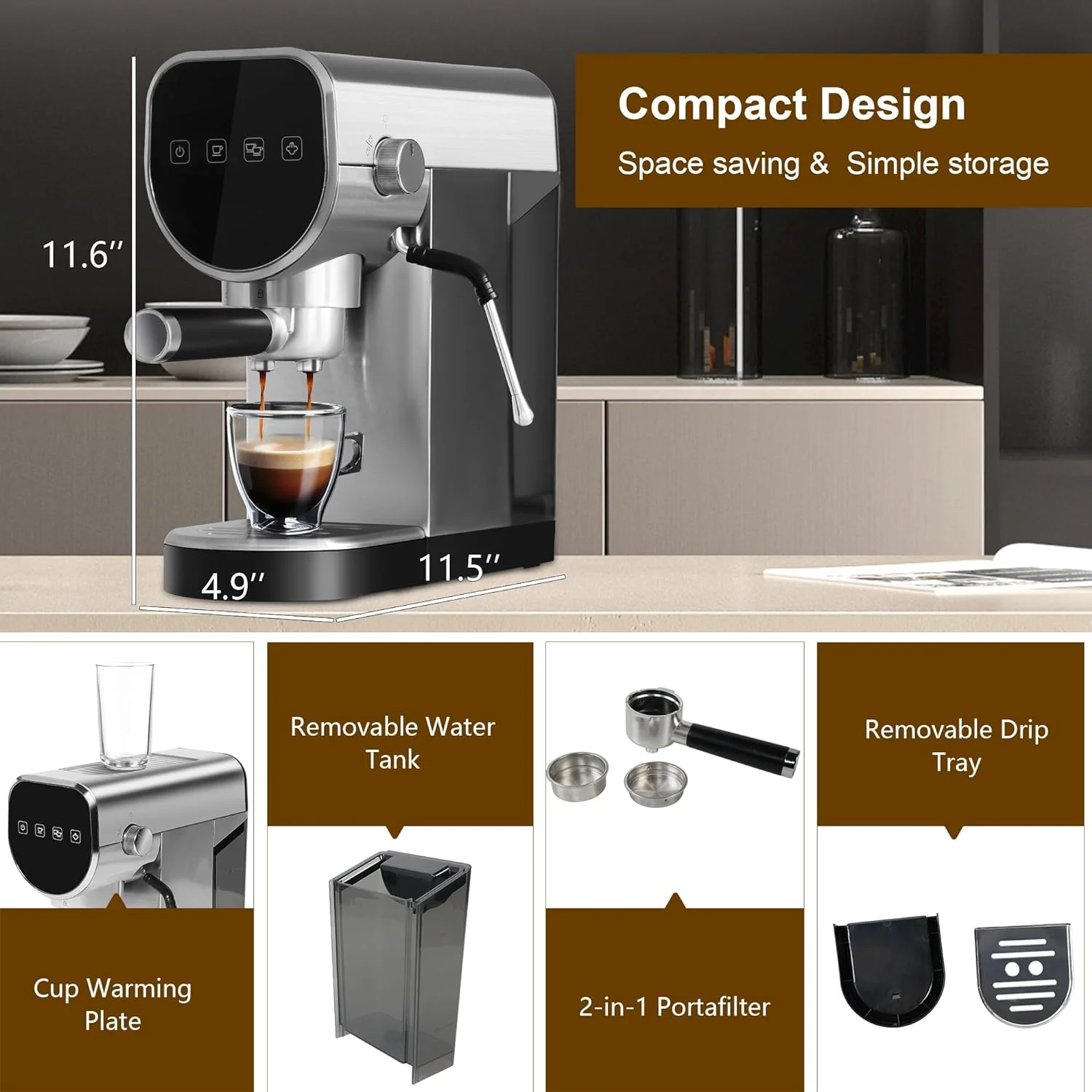 20 Bar Espresso Machine With Milk Frother Wand, Fast Heating, 30 Oz Removable Water Tank, 1360W, Compact Design