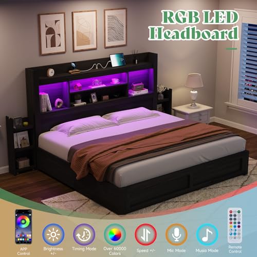 AMERLIFE Queen Bed Frame with 4 Storage Drawers, LED Platform Bed with 49" Bookcase Headboard