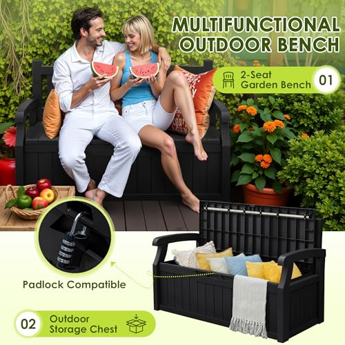 Greesum 80 Gallon Outdoor Storage Bench, Resin Patio Furniture with Armrest,Waterproof and UV-Resistant, Perfect to Garden, Poolside and Lawn