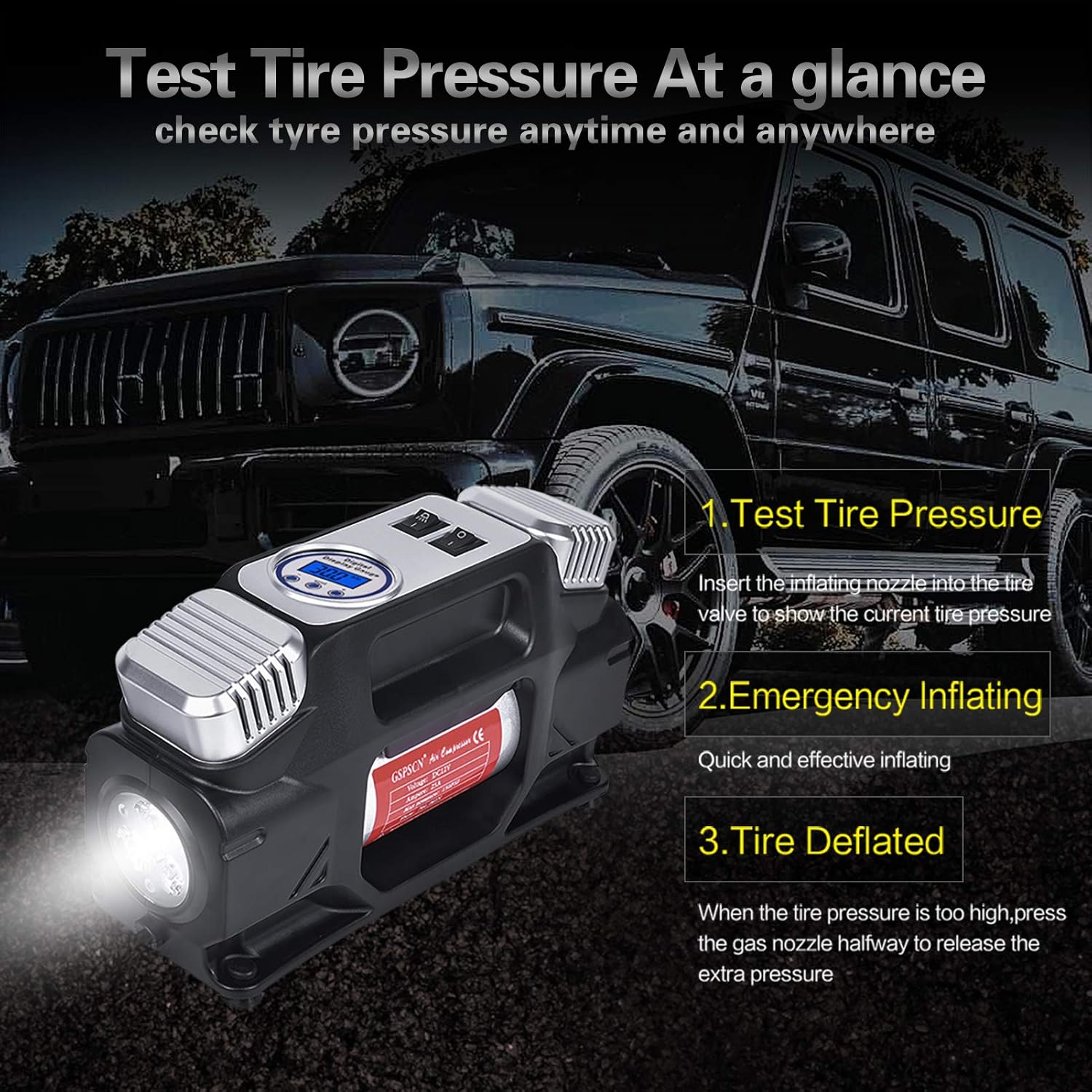GSPSCN Portable Digital Tire Inflator,Heavy Duty Dual Cylinders 12V Auto Air Compressor Pump 150PSI with Warning Triangle