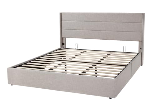 Allewie Full Size Lift Up Storage Bed, Modern Wingback Headboard, Hydraulic Support, No Box Spring Needed, Light Beige