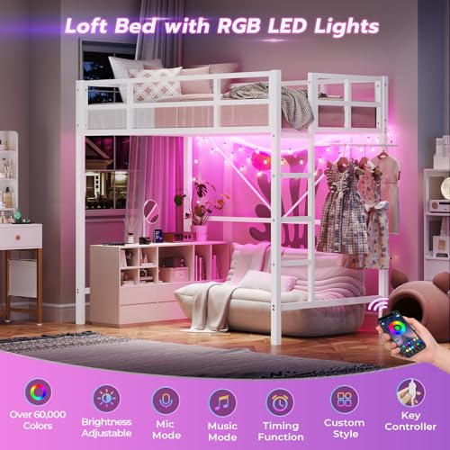 DICTAC Loft Bed Twin Size with Ladder and Guardrail,Metal Twin Loft Bed with Led Lights,Small Space Saving Furniture Design for Bedroom