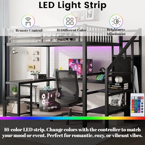 Full Size Loft Bed with Desk and Stairs, Heavy-Duty Steel Loft Bed Frame with Wardrobe & LED Light