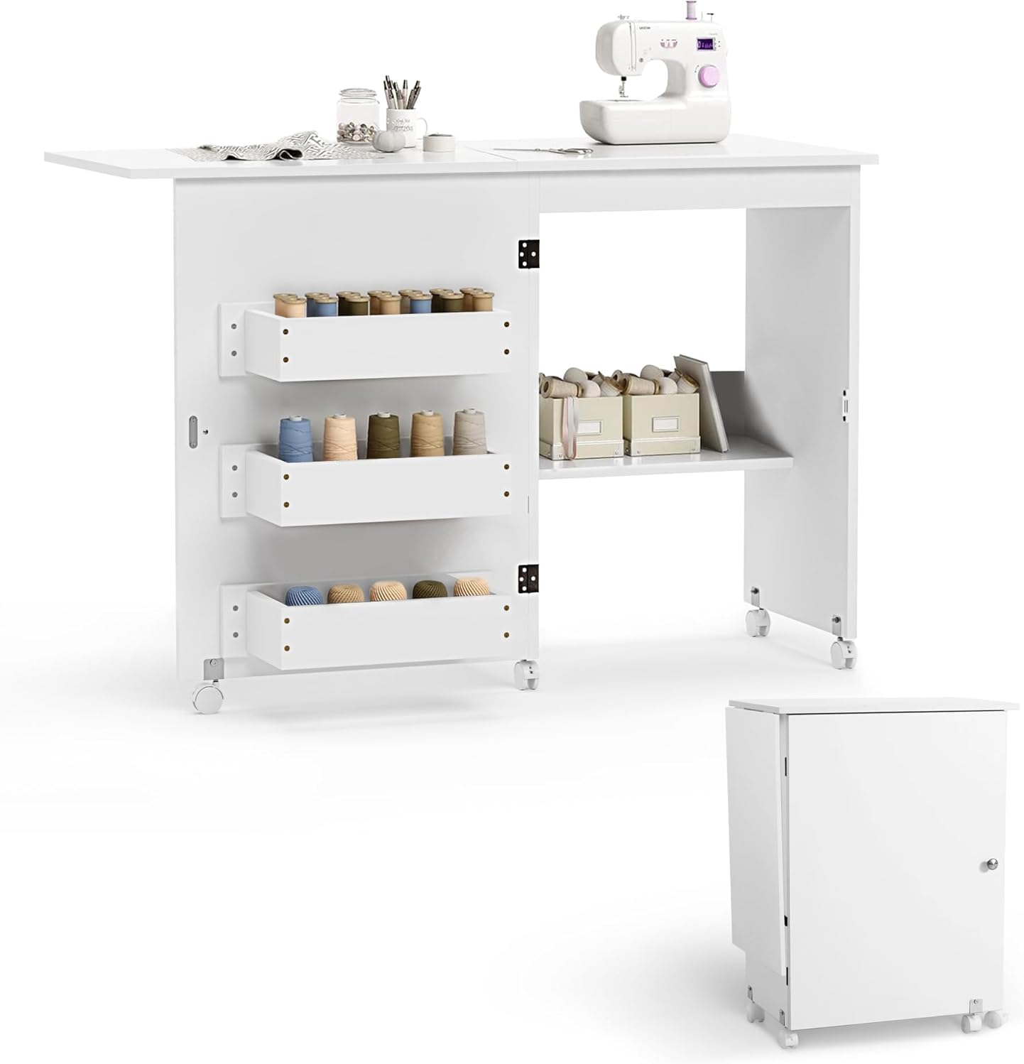 Folding Sewing Table Multipurpose Craft Station Desk Rolling Sewing Cabinet with 3 Storage Shelves Sewing Machine Cart with Lockable Casters (White)