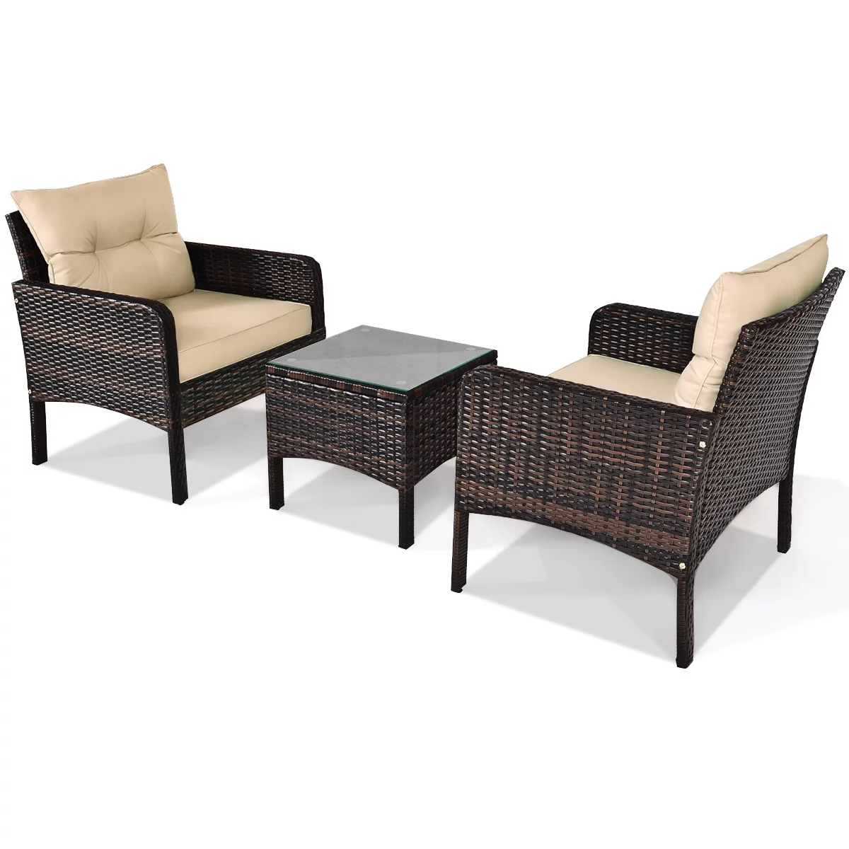 Gymax 3PCS Patio Outdoor Rattan Furniture Set Brown w/ Cushioned Chairs Coffee Table