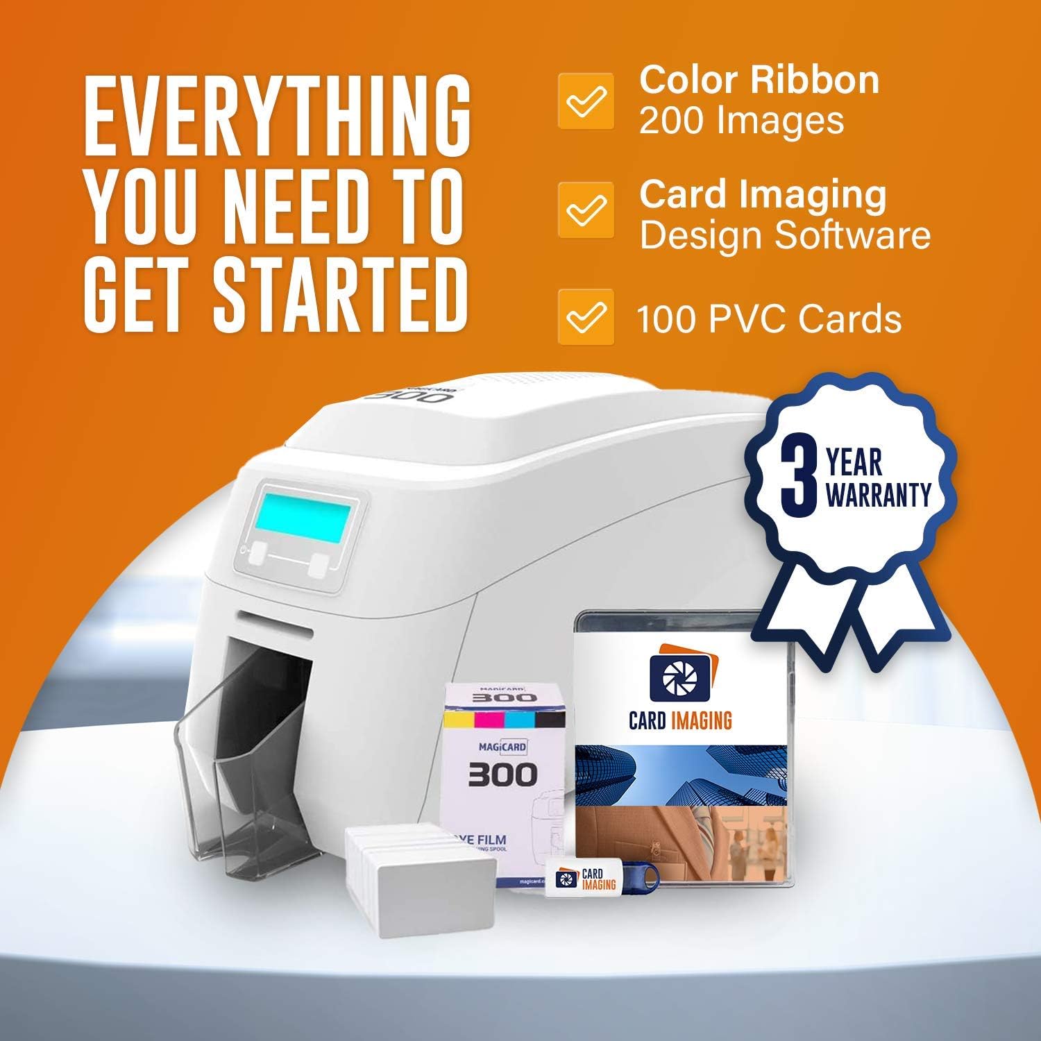 Magicard 300 Dual Sided ID Card Printer & Supplies Bundle Badge Maker Machine (3300-0021)