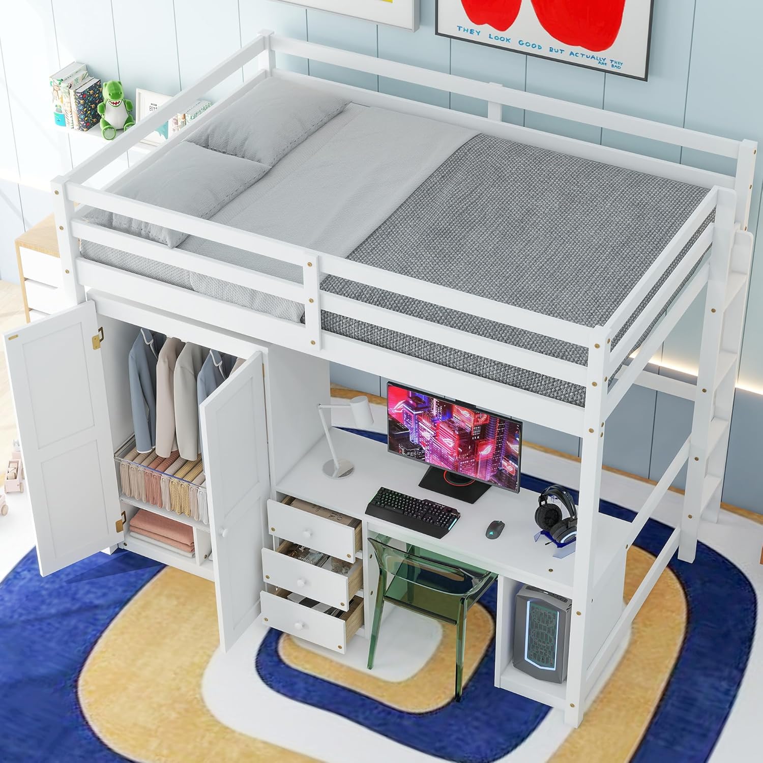 Full Size Loft Bed with Desk & 3 Storage Drawers & Wardrobe Design for Kids Bedroom,Solid Wood Bedframe w/Ladder & Safety Guardrails