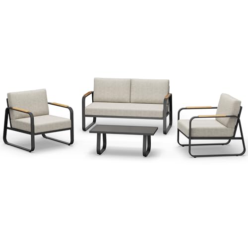 EAST OAK Courtyard Patio Furniture Set, 4-Piece Outdoor Patio Set with Sofa, Removable & Washable Deep Seating Cushion, Tempered Glass Table