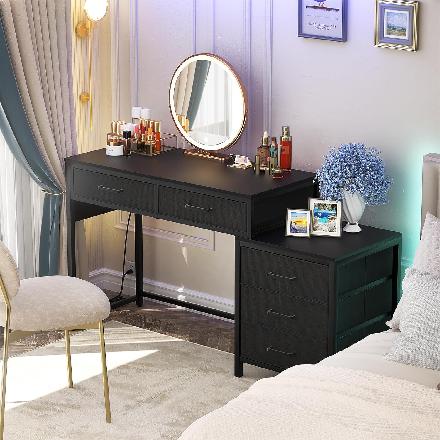 Computer Desk with 5 Drawers, Reversible Office Desk with Power Outlets and USB Charging Ports