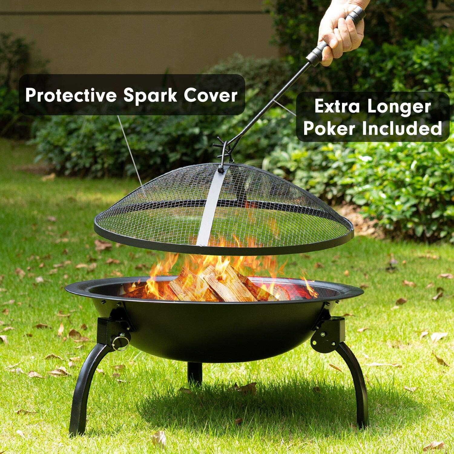 AMAGABELI GARDEN & HOME Fire Pit Outdoor Wood Burning Portable Folding 22in Firepit Firebowl Fireplace Poker Spark Screen Retardant Mesh Lid Deep