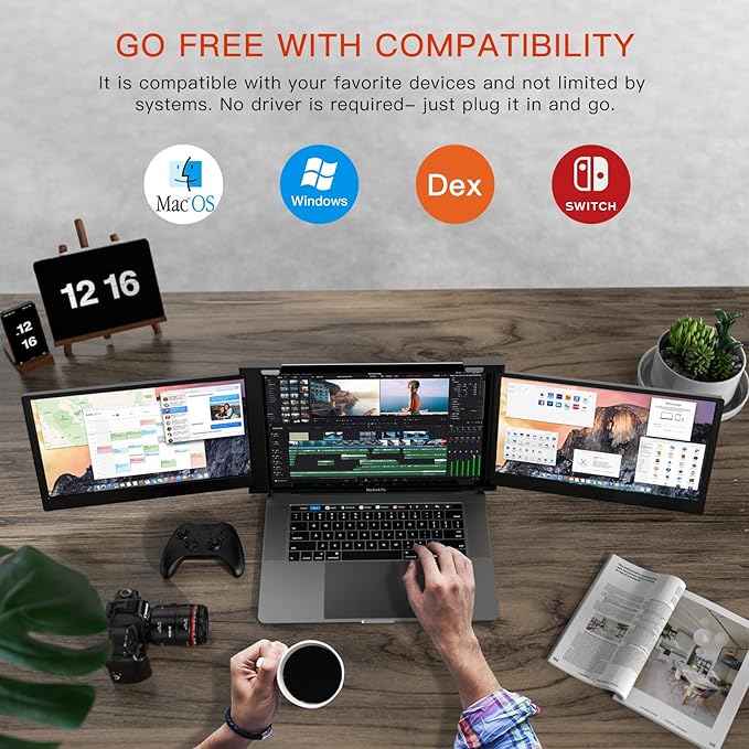 LIMINK Portable Triple Monitor, 14" FHD HDR IPS Screen Extender for 15-17" Laptop, Tri Screen Monitor Workstation, Plug&Play