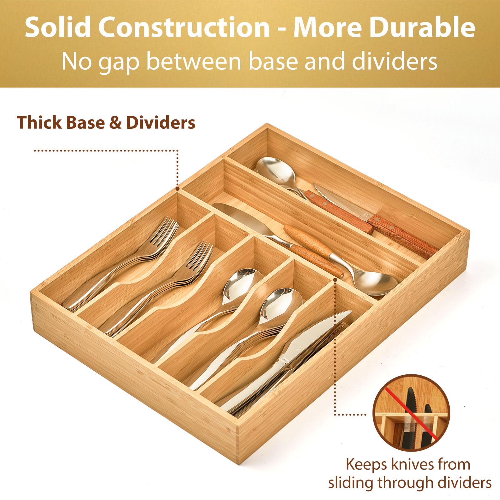 13 Inch Bamboo Kitchen Organizer, 7-Slot Utensil Tray for Drawers, Extra Deep Divider for Forks Spoons Knives and Cooking Tools, Natural Wood Design