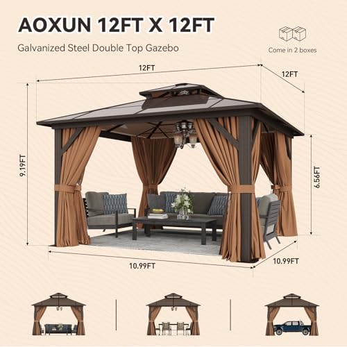 Aoxun 12'x16' Hardtop Gazebo, Aluminum Frame Permanent Pavilion with Netting and Curtains, Outdoor Polycarbonate Double Roof Canopy
