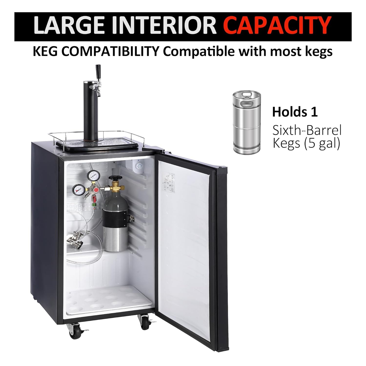 Kegerator and Keg Beer Cooler, Single Faucet Draft Beer Dispenser, Full Size Keg Refrigerator With Shelves, Stainless Steel, Drip Tray & Rail