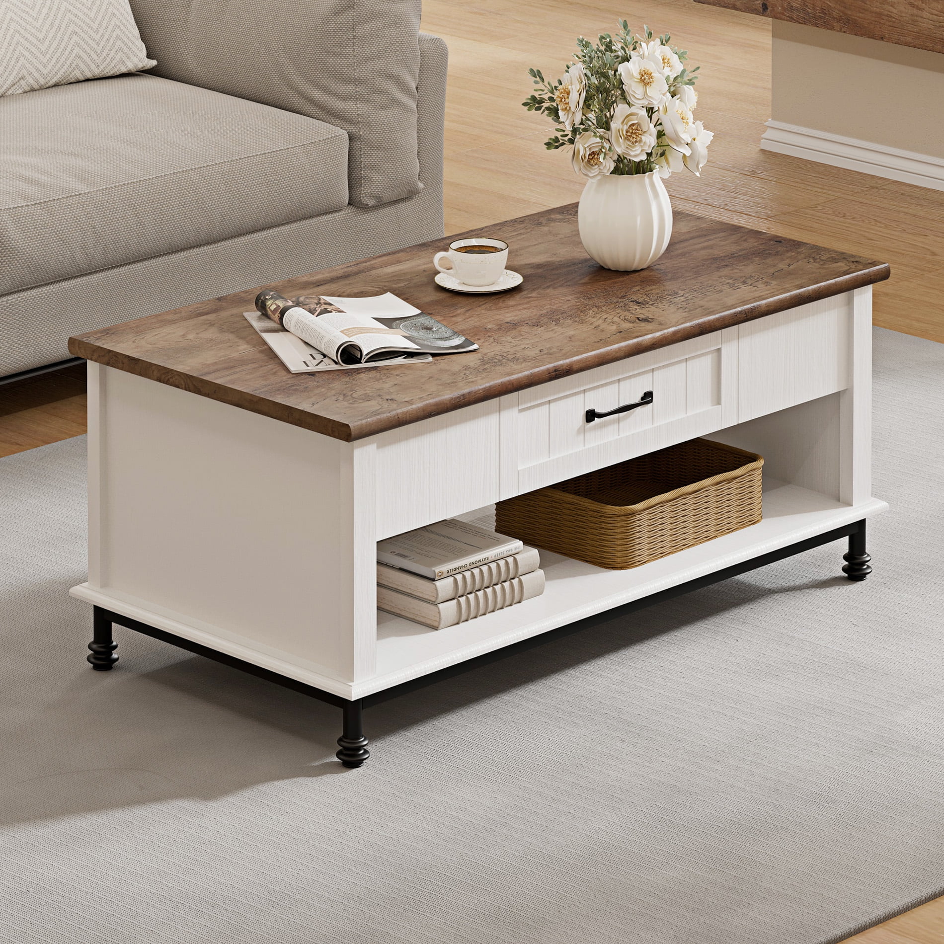 Wampat Farmhouse Coffee Table, Large Rectangle Storage Center with Drawer for Living Room