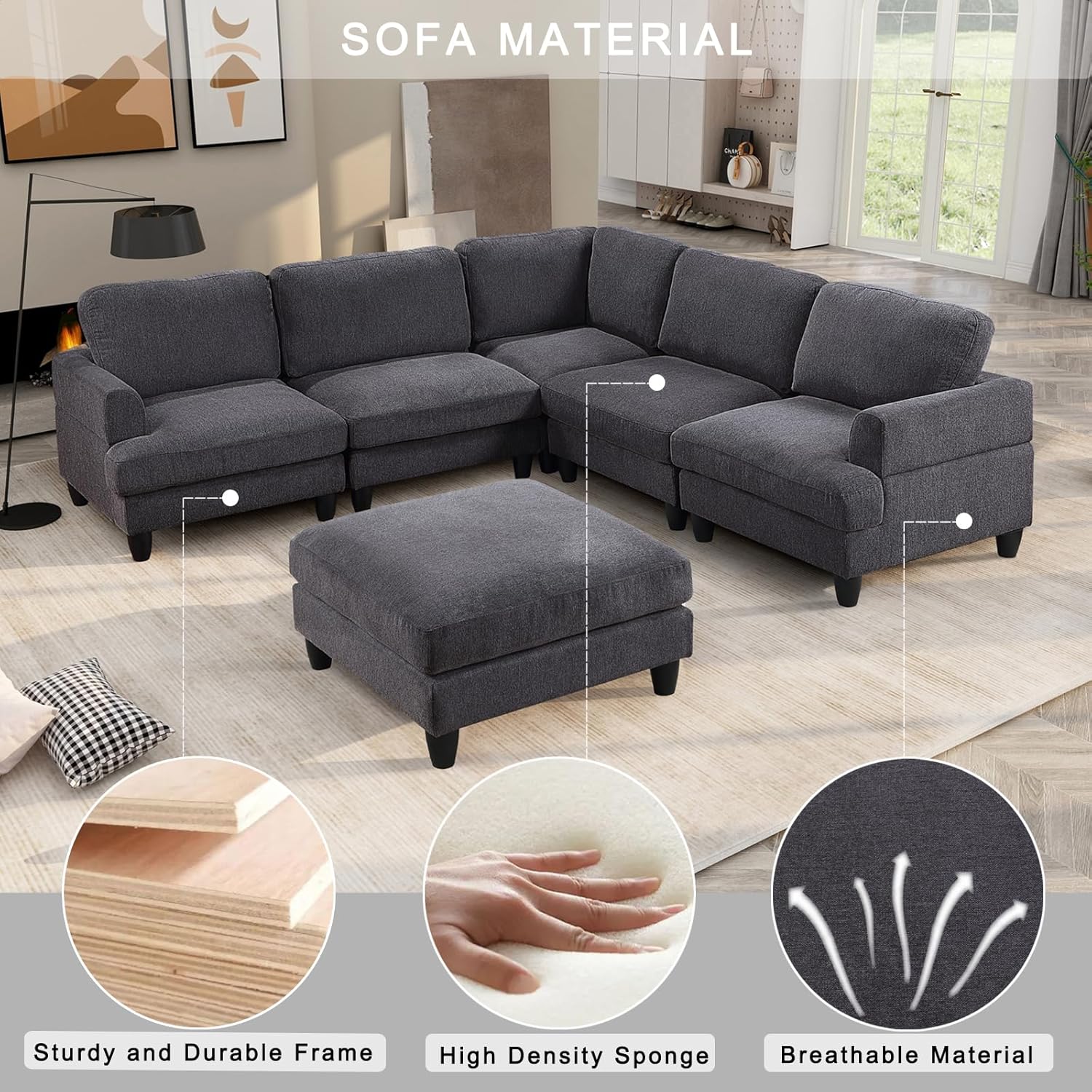 U-Shaped Oversized Modular Sectional Sofa Couch with Movable Ottoman