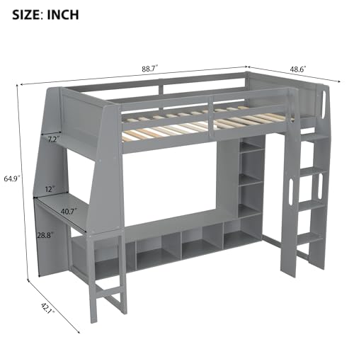SOFTSEA Full Size Loft Bed with Desk and Storage, Solid Wood Loft Bed with Open Wardrobe and Multi-Storage Shelves