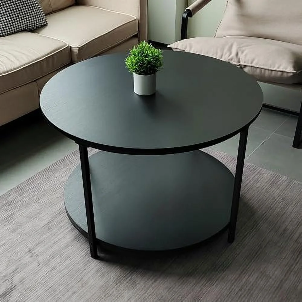 Round Coffee Tables Living Room  31.5 inch 2-Tier Rustic Wood Desktop &amp