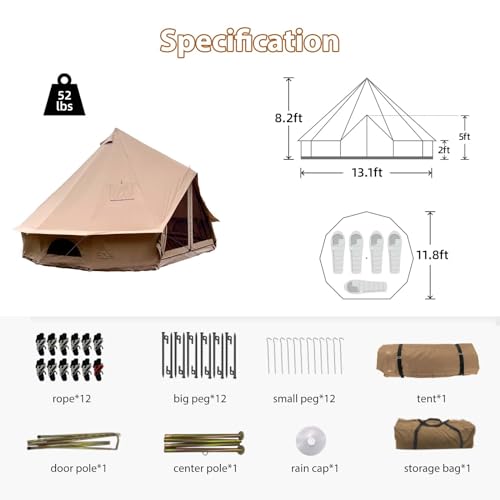 Cotton Canvas Bell Tent with Stove Jack, Roomy Yurt for Family Glamping Camping, 4 Season Tent with Zipped Removable Floor