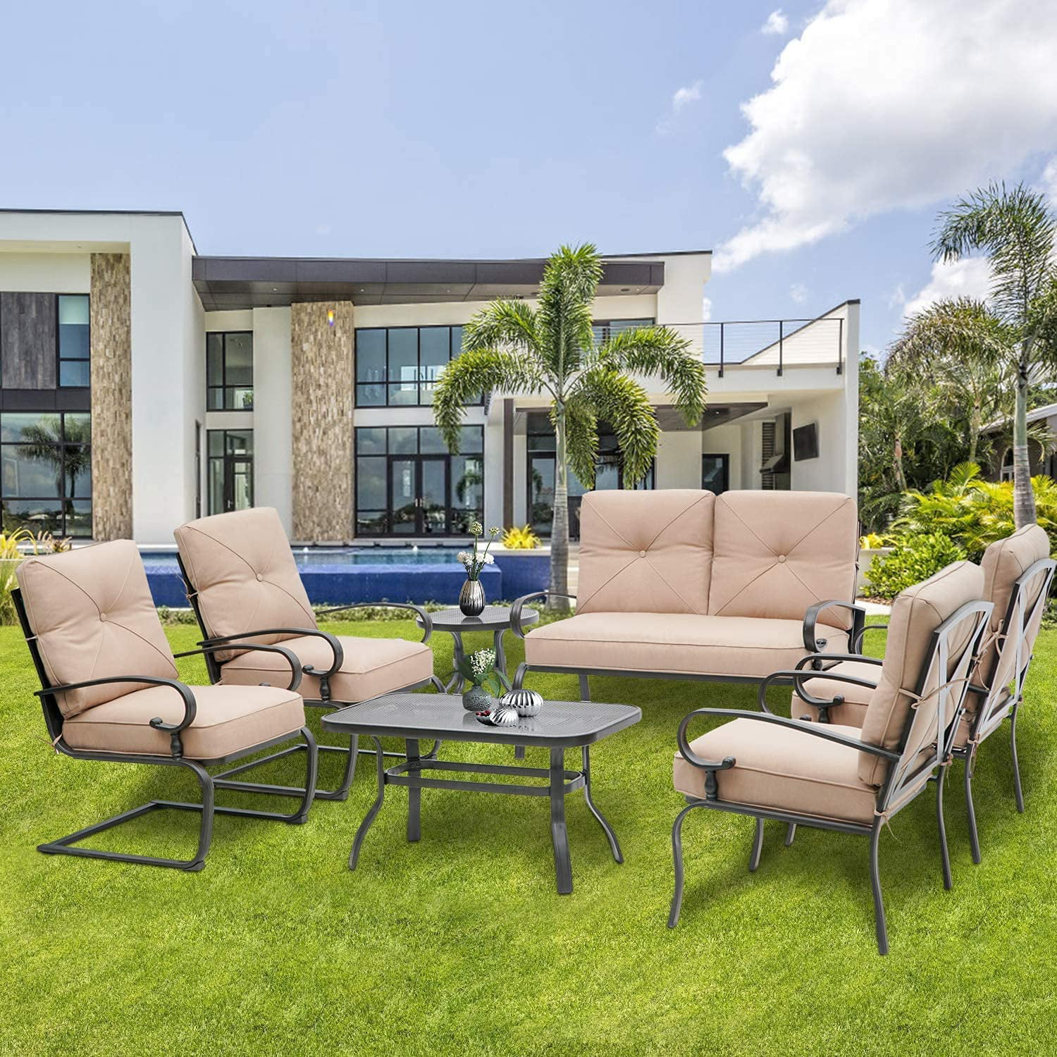 SOLAURA 7-Piece Patio Furniture Outdoor Metal Conversation Set- Brown