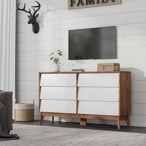 AMERLIFE 6 Drawer Dresser for Bedroom, 60" Mid-Century Wood Storage Closet Chest of Beveled Drawers, Modern TV Stand Dressers Organizer for Bedroom