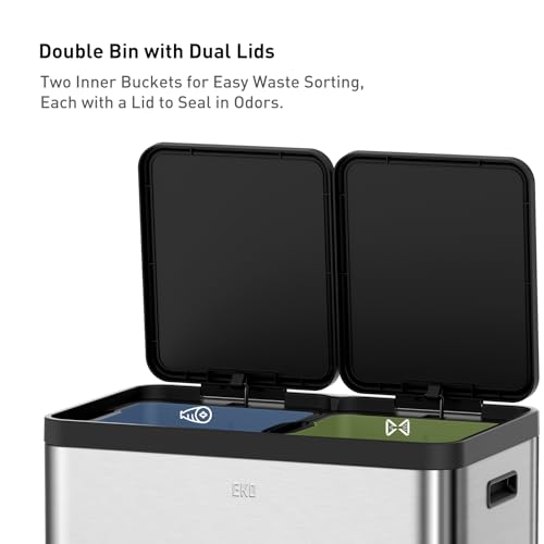 EKO EcoCasa II 36L+24L Dual Trash Can with Recycle Bin, Stainless Steel Garbage Can with Lid, Deodorizer Compartment