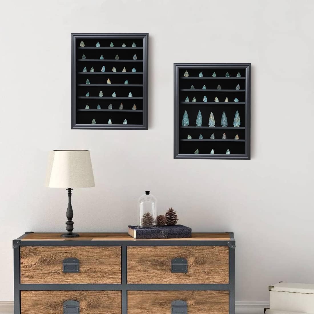KCRasan Arrowhead Display Case Native American Arrowhead Shadow Box Wall Mount Arrowhead Collection Display Cabinet with Uv Protection for Agate Opal