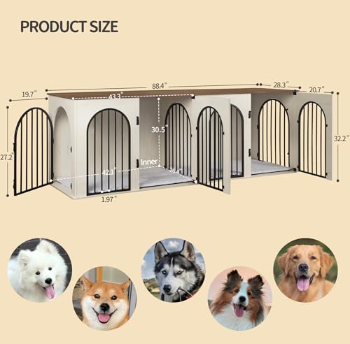 71" Dog Crate Furniture for 2 Dogs, Heavy Duty Indoor Dog Kennel TV Stand, XXL Wooden Dog Cage with Divider for Medium Large Dogs