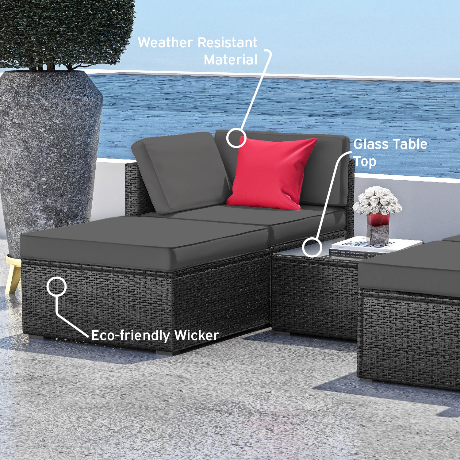Hearth & Harbor 5-Piece Outdoor Patio Furniture Set, Wicker Patio Sectional Conversation Set, Black/Gray