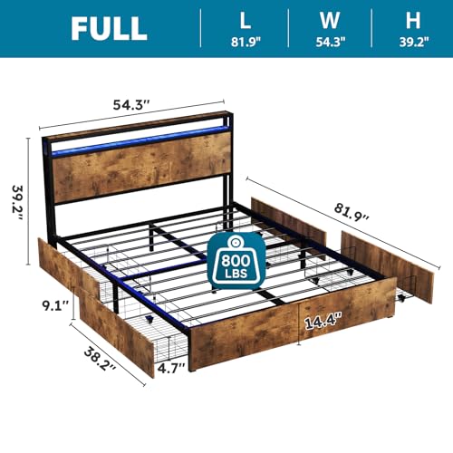 Queen Size Bed Frame with 4 Storage Drawers, LED Platform Bed with Headboard, Built in Charging Station, Noise Free, Stable and Solid