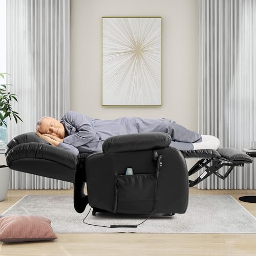 EDILLY Large Genuine Leather Power Lift Recliner Chairs for Elderly, Dual Motor with Massage and Heating,Double Lumbar Cushion and Extended Footrest