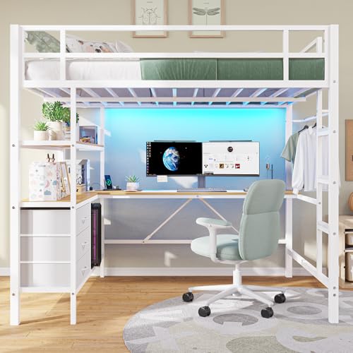 DICTAC Loft Bed Full Size with L-Shaped Desk and Charging Station Full Metal Bed Frame with LED Lights,Open Shelves and 3 Fabric Storage Drawers
