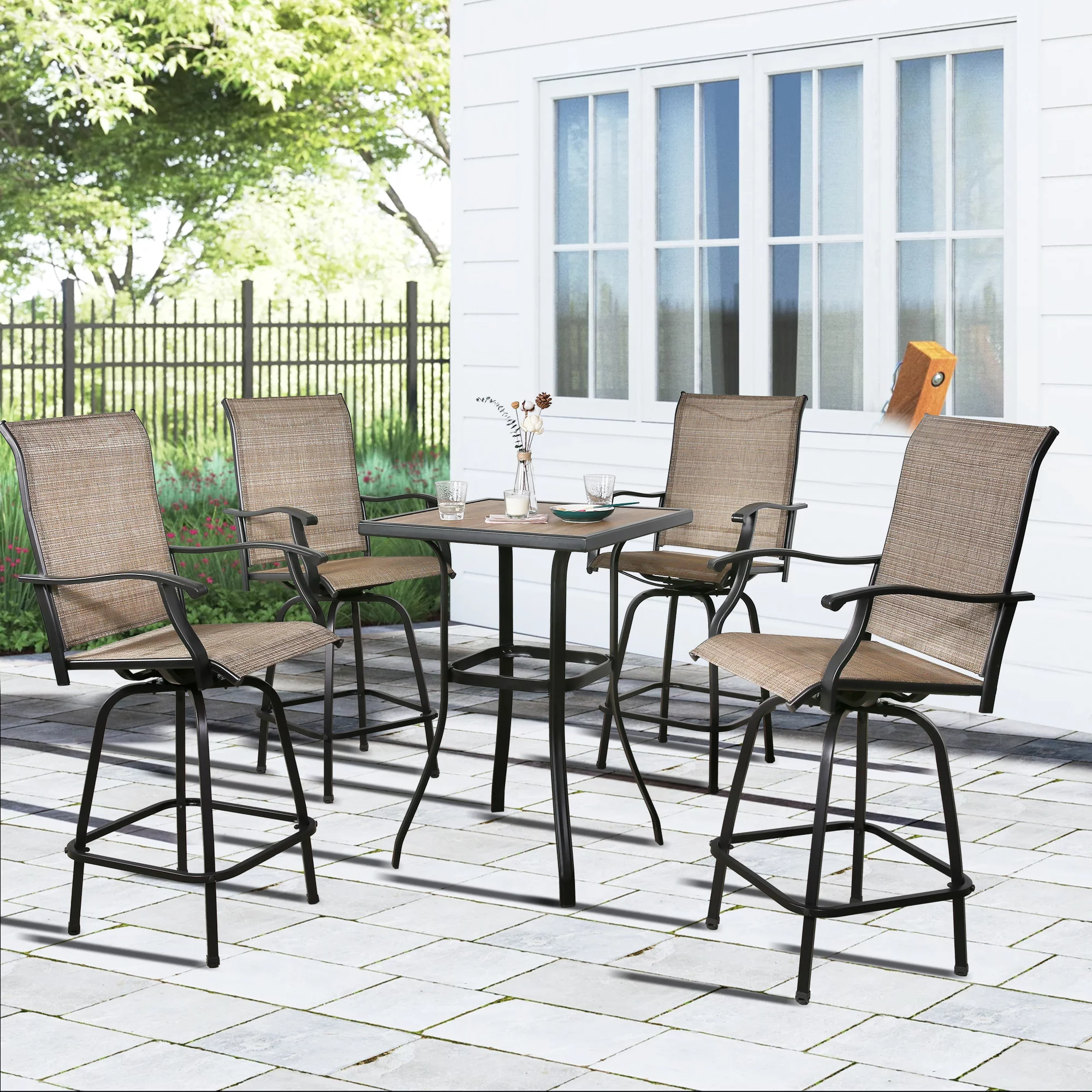 Ulax Furniture 4-Piece Outdoor Swivel Bar Stools, Sling Patio Seating Height Bar Chairs with High Back and Armrest - Radiant Selections