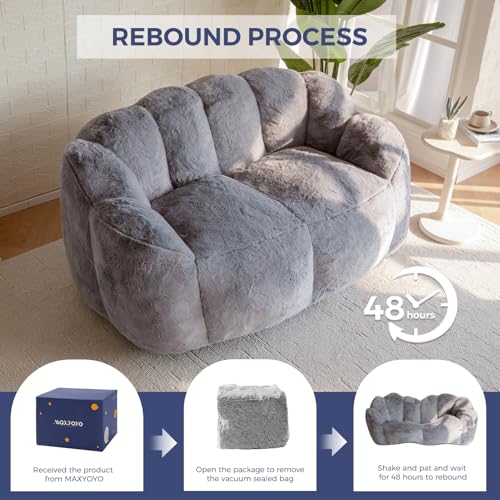 MAXYOYO Bean Bag Chair for Adults, Floral Shaped Bean Bag Sofa, Ultra Soft Faux Fur Floor Sofa, Large Reading Chair for Living Room Bedroom, Beige